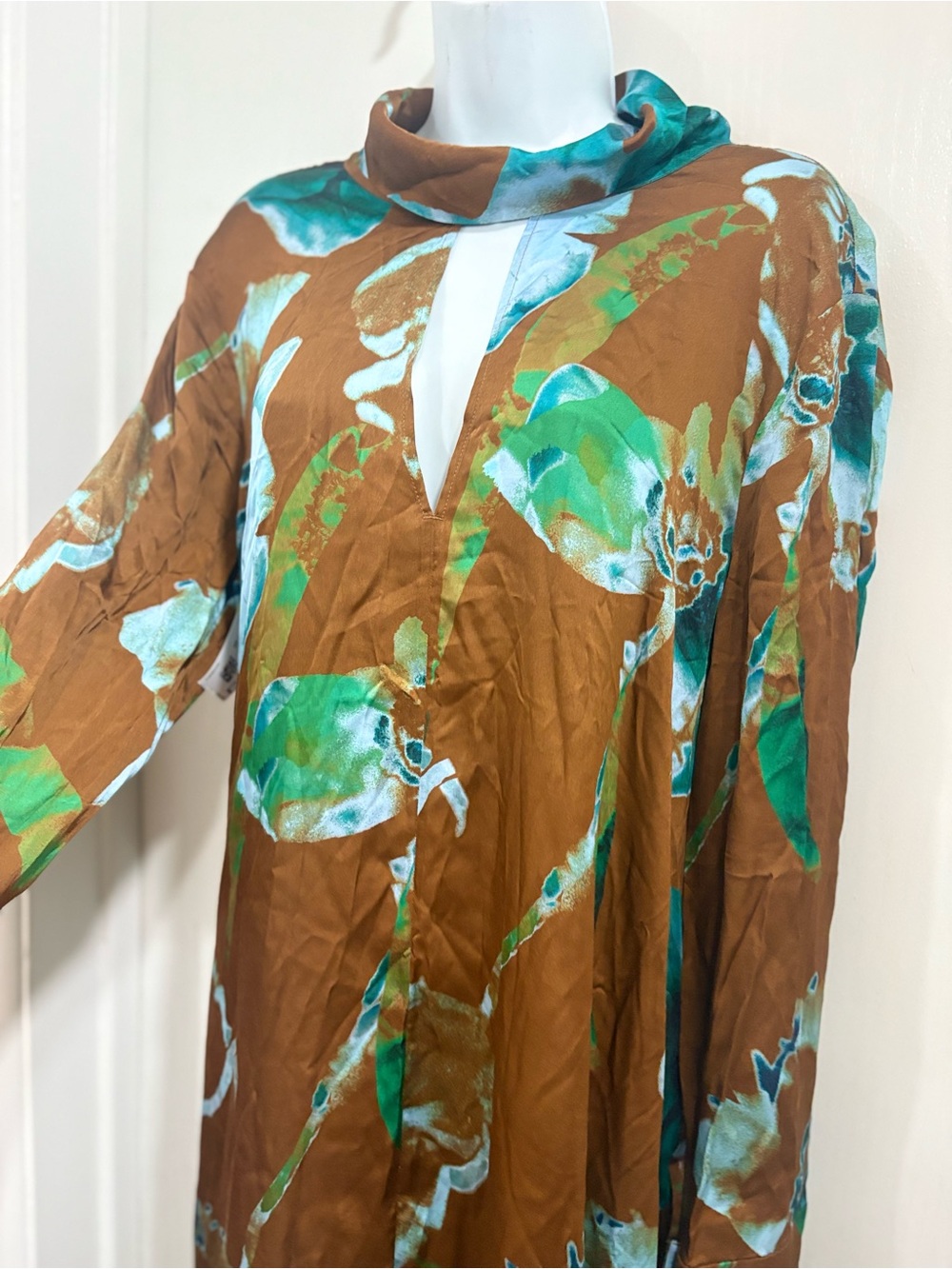 Cos Brown & Teal Floral High-Neck Long Sleeve Dress - Picture 5 of 8